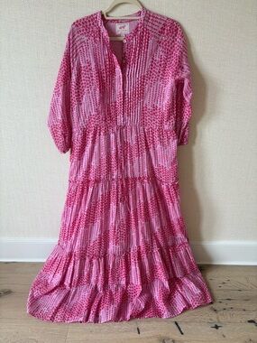 Pink Patterned Banjanan Flowy Maxi Dress Ruffled Embellishments Summer Medium